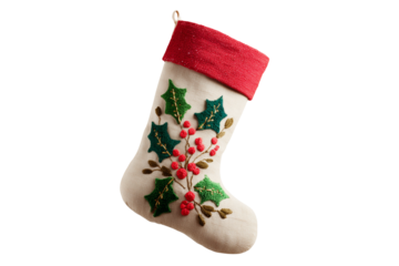 A Christmas stocking decorated with holly, isolated on a transparent background.