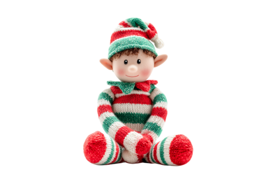 A Christmas elf wearing striped stockings, isolated on a transparent background. - Powered by Adobe