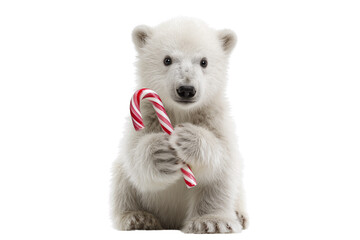 A Christmas polar bear cub holding a candy cane, isolated on a transparent background.