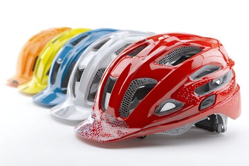 Row of Colorful Vented Bicycle Helmets in Orange, Yellow, Blue, White, and Red
