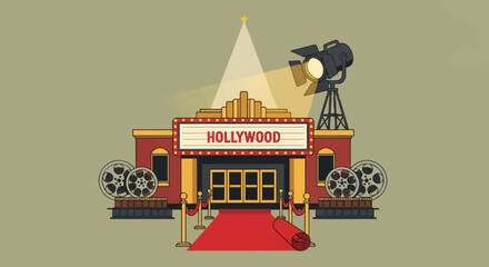 Minimalist flat vector illustration of an old Hollywood cinema with vintage film reels, red carpet, and retro spotlight, symbolizing classic movie stars