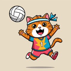 A joyful cartoon cat leaps mid-air in a sporty blue and pink outfit with a lightning bolt design, ready to hit a volleyball, set against a beige background.