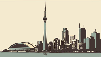 Obraz premium Retro Cityscape Illustration Tall Tower and Modern Buildings by the Water.