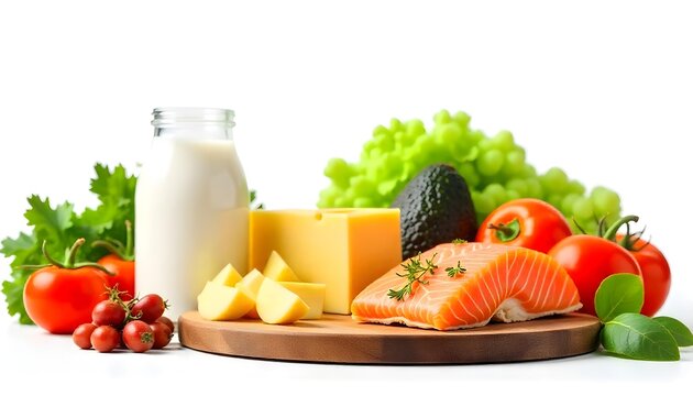 Fish, cheese, vegetables, and milk arranged on a cutting board for World Food Day, with a soft-focus background