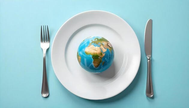 World map on a plate with a fork and knife, set against a blue background for World Food Day celebration