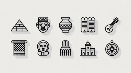 Cultural heritage icons vector set: pyramid, mask, vase, scroll, instrument, carpet, building and compass