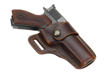 Gun is displayed in a brown leather holster, isolated on white or transparent background. PNG
