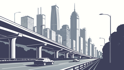 Stylized Cityscape Illustration Elevated Highway with Cars and Skyscrapers.