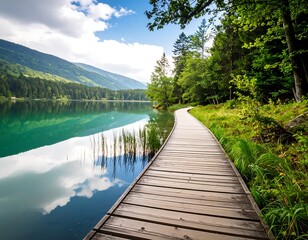 Obraz premium Lakeside wooden path, serene view