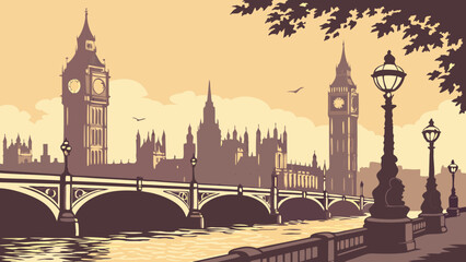 Obraz premium Vintage Cityscape Illustration Iconic Clock Tower Bridge and River at Sunset.