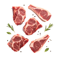 Five raw meat pieces with rosemary and peppercorns on black lamb chops food