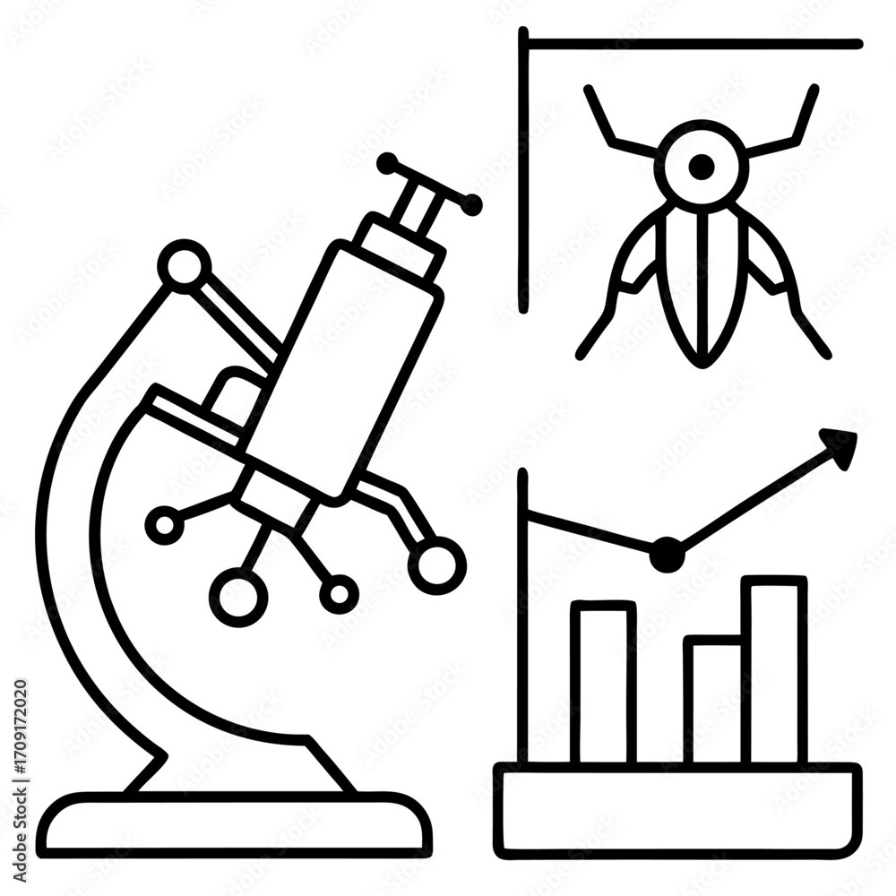 Poster scientific research and analysis illustration with microscope insect display and growth graph repres