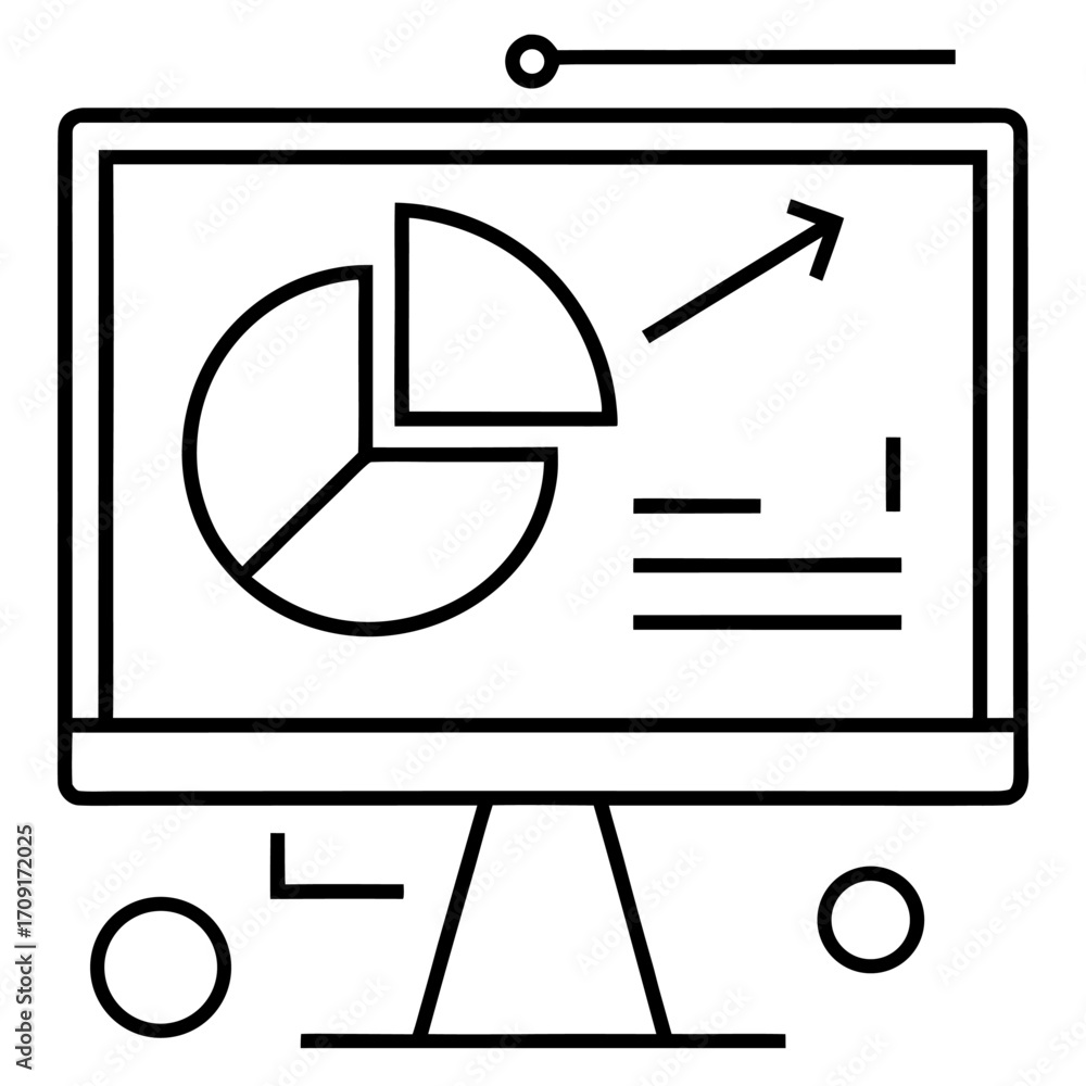 Poster computer screen displaying a business pie chart and upward trend arrow line art
