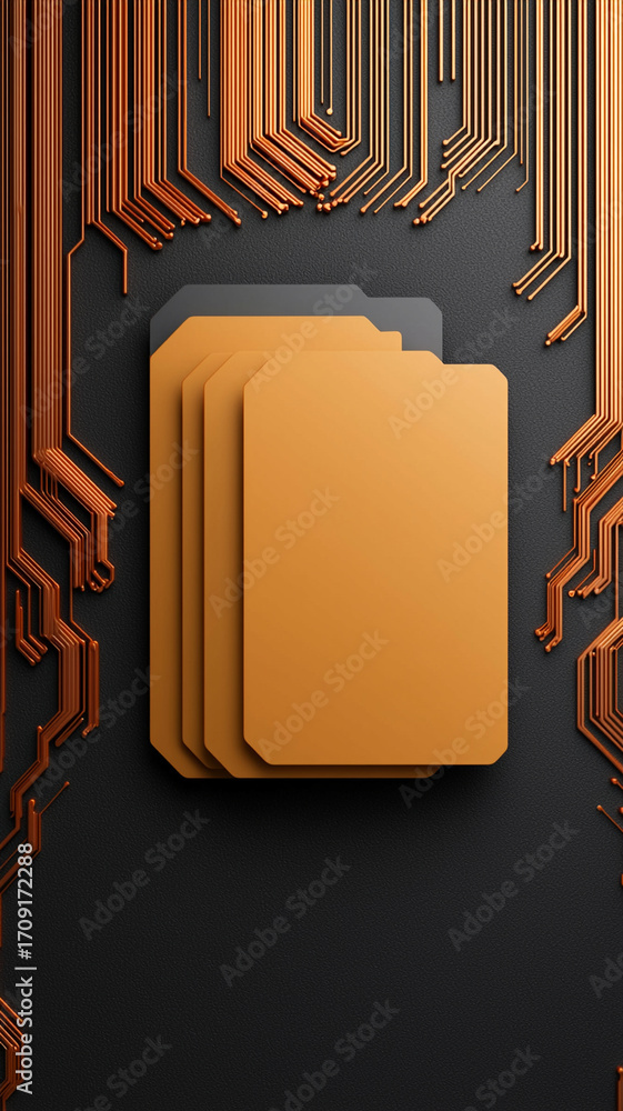 Poster stacked orange data cards on black background with abstract copper circuit lines, modern digital tec