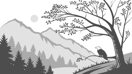 Fototapeta premium Serene grayscale landscape illustration featuring a majestic bird perched on a tree branch overlooking mountains and forest.