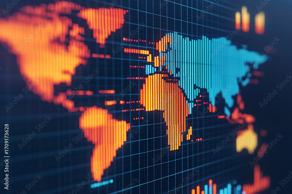 Aufkleber digital world map data visualization bar chart global statistics economic analysis technology blue a