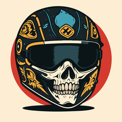 Vintage Skull Helmet with Floral Design – Retro Vector Illustration
