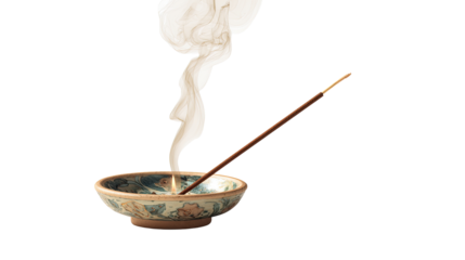 burning incense stick in ceramic holder on white background