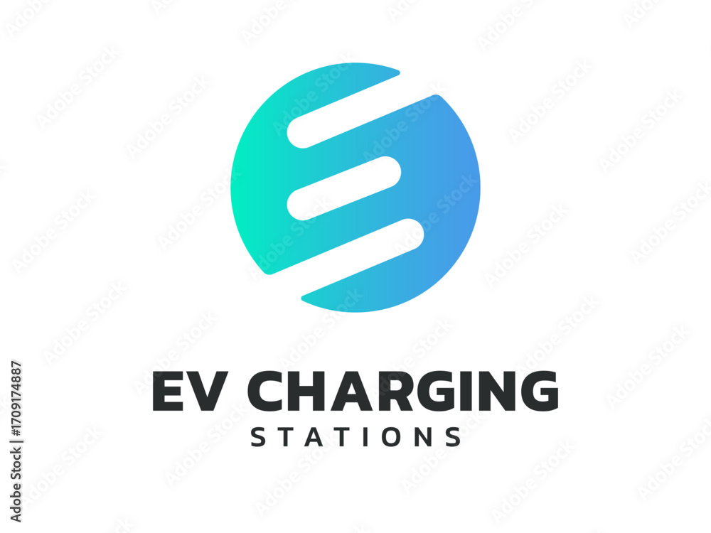 Poster electric vehicle charging with letter e progress bar overlapping in circle logo vector design concep