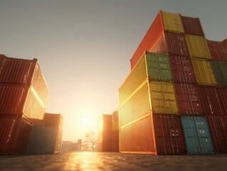 Fototapeta premium Stacked Shipping Containers at Sunset in a Container Yard