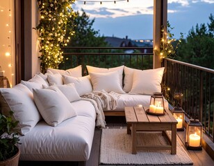 Cozy balcony seating area at dusk, lit by string lights