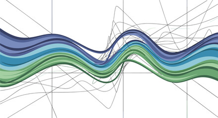 Dynamic data visualization with flowing layered lines and grid overlay representing growth and progress in vibrant blue and green hues, Generative AI.