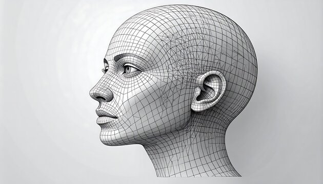 3D wireframe profile of a woman's head