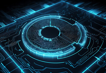 Top view cybernetic disc with glowing interface for biometric scanners, IoT authentication, and futuristic industrial controls.