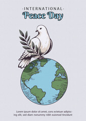 Poster concepts of International day of Peace in a wood cut printing and flat style, wording of event and example texts on light gray background.