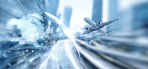 Airplane flying over digital world globe with blurred city in background, representing global travel and connection