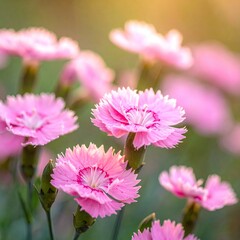 Close-up of several delicate pink carnations in a garden setting at sunrise/sunset.  Soft, pastel colors and shallow depth of field