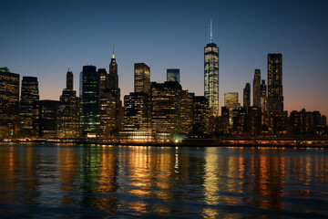 Fototapeta premium Majestic cityscape illuminated at dusk reflecting on calm water under a twilight sky
