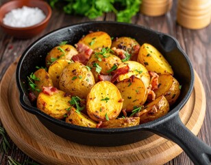 Crispy roasted potatoes with bacon in a cast iron skillet, garnished with fresh herbs