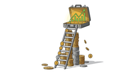 Ascend to financial success a briefcase filled with growing investments and a ladder of coins symbolizing wealth and opportunity, Generative AI.
