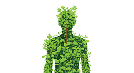 Vibrant green human silhouette bursting with lush foliage and growth symbolizing nature connection and healthy living, Generative AI.