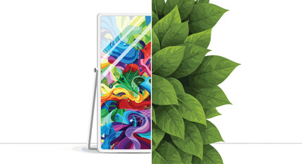 Vibrant abstract art reflected in a mirror juxtaposed with lush green leaves symbolizing creativity and nature's beauty, Generative AI.