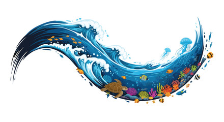 Vibrant underwater world teems with marine life featuring a majestic sea turtle swimming amidst colorful coral reefs and playful fish all within dynamic ocean waves, Generative AI.