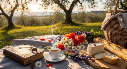 Idyllic tuscan picnic with coffee bread and flowers in golden sunlight