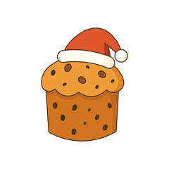 Italian panettone illustration wearing a Santa hat, a festive holiday dessert symbol perfect for Christmas food design projects, seasonal graphics, and cultural celebrations.