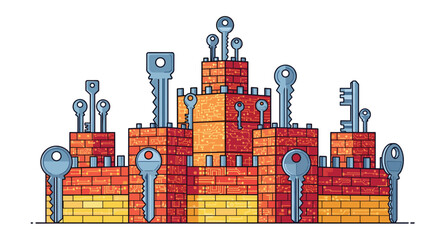 Fortress of digital keys and circuit board patterns symbolizes robust data security and access control for modern businesses, Generative AI.