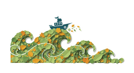 Charming sailboat navigates vibrant leaf-laden waves symbolizing autumn journey and natural exploration, Generative AI.