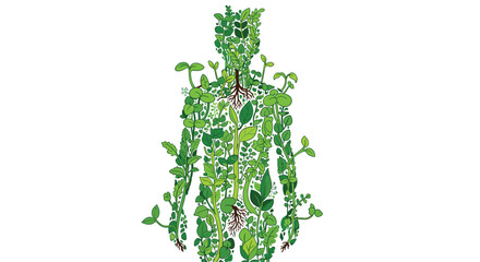 Vibrant human form composed entirely of lush green leaves and growing plants symbolizing growth and nature's connection, Generative AI.