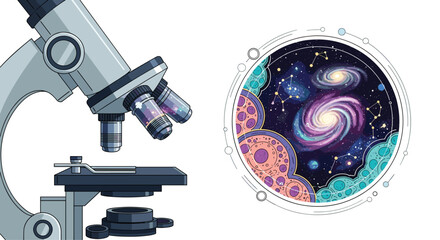Explore the cosmos and microscopic worlds blending scientific discovery with celestial wonder in a vibrant imaginative visual, Generative AI.