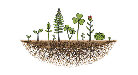 Illustrating the dynamic stages of plant growth from seedling to mature bloom with intricate root systems developing underground, Generative AI.
