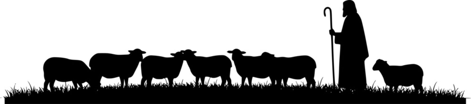 Silhouette of a shepherd with his flock of sheep standing in a field of grass in black and white | editable eps vectors
