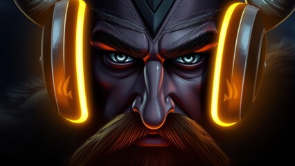 Viking Headphone Portrait, Metal Glow Face, Ancient Modern Close-Up, AI Sound Gaze, Digital Era Fusion