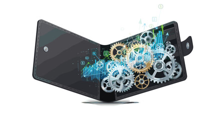 Unlock financial growth with a dynamic wallet showcasing intricate gears and rising stock market charts symbolizing smart investment strategies and economic progress, Generative AI.