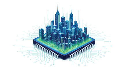 Futuristic smart city skyline emerges from a powerful microchip symbolizing technological innovation and urban connectivity, Generative AI.