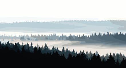 Serene misty forest landscape with layered evergreen trees creating a sense of depth and tranquil natural beauty, Generative AI.