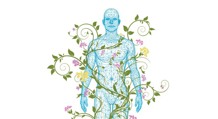 Vibrant human anatomy model embraced by lush green vines and delicate blooming flowers symbolizing life and growth, Generative AI.